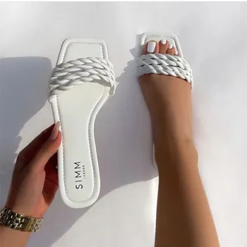  115594 Prajit poftă de mâncare Aluat Design Pantofi Plat pentru Femei de Vara Noi 2022 Femei Incaltaminte Papuci Exterior Cap Pătrat Verde Fluorescent