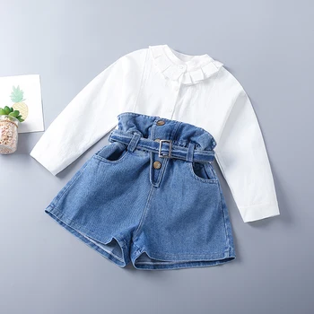  3-10 Ani De Înaltă Calitate Din Bumbac Fată De Primăvară Îmbrăcăminte Set 2022 Nou Galben Alb Solid Copil Haine Copii Bluze+Jean Scurt