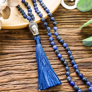  6mm Naturale Albastru Sodalit Piatra Lapis Lazuli, Margele Înnodate Colier Meditație Yoga Binecuvântarea lui Buddha Cap Bijuterii 108Mala Rozariu