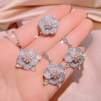  925 Sterling Silver Lux de Bord Inele cu Diamante pentru Femei Tip Floare din Trei piese Pline de Logodna cu Diamant Bijuterii Cadouri pentru Femei