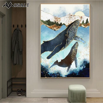  Aur Șarpe Mare Meduze Balena Caracatiță Artă Abstractă Poster Mare Animal De Pește Panza Pictura De Lux Living Arta De Perete Poza
