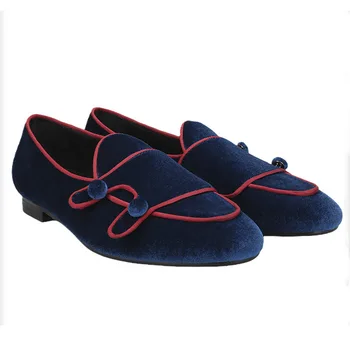  Blue Velvet Pantofi Loafer Om Subliniat Dublu Buton De Alunecare Pe Pantofi Plat Pentru Bărbați Moda Pantofi De Partid