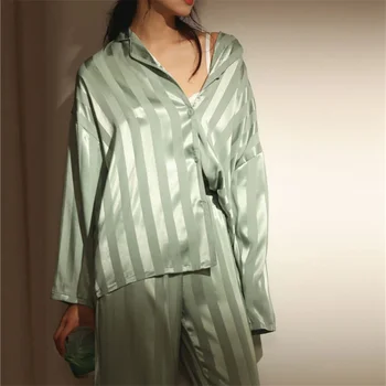  CAIYIER Mare Marimea M-5XL Femei îmbrăcăminte de noapte Grila Stripe Lux Matase de Gheață Set de Pijama cu Maneca Lunga Moale Pijamale de Iarna pentru Femeie Homewear