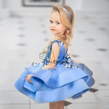  Capac albastru Maneca Flori Girl Rochii pentru Printesa Copil Ziua de nastere Rochii 2023 Nou Sosit Genunchi Lungime Fetele Concurs Rochie Copii فساتي