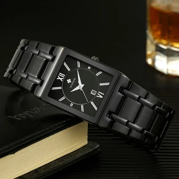  Ceasuri barbati WWOOR Brand de Lux Clasic Plin Dreptunghi Negru Bărbați Ｗatch Impermeabil din Oțel Inoxidabil Cuarț Ｗrist Ceas Pentru Bărbați 8858