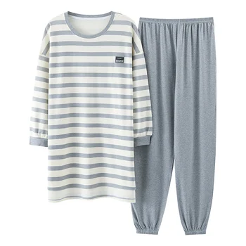  Cele mai noi de Toamna pentru Femei Set de Pijama Marime Mare 6XL Mid-lungime Pijamale Femme Liber Homewear Maneca Lunga cu Dungi Sleepwear