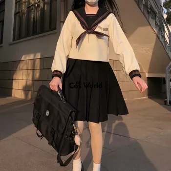  [Cha Yu Zhong] Bej Bleumarin Japonez de Vară Costum de Marinar Topuri Fuste JK Uniformă de Școală Elevii de Clasa Pânză