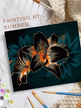  CHENISTORY Vopsea De Numărul Flori Negru Desen Pe Panza pictate manual Artă Cadou Diy Imagini De Numărul de Kituri de Decor Acasă