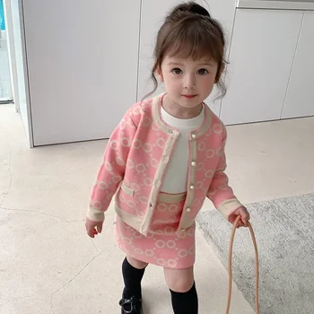  Copilul Fete Iarna Single-breasted Pulover Tricotate Pulover Roz + Fusta Scurta 2 buc coreean Fusta Copilul de Primăvară de Toamnă Copil Haine