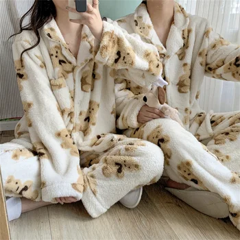  Coreea de Desene animate Ursul Flanel de Lână Îngroșat Cald Iarna Pijamale Cuplu Rever Butonul Cardigan cu mâneci Lungi Homewear Costum D671