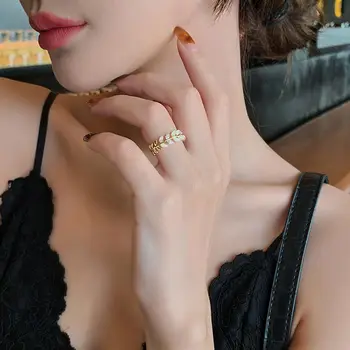  Coreeană de moda fierbinte bijuterii cupru rafinat zircon incrustate grâu frunze ureche opal inel elegant pentru femei deschidere inel reglabil