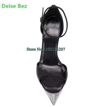  Cristal Negru Bling Subliniat Toe Sandale Pentru Femei Glezna, Catarama Curea Subțire Sexy Cu Toc Inalt Solid Superficial Rochie De Petrecere, Pantofi Elegante