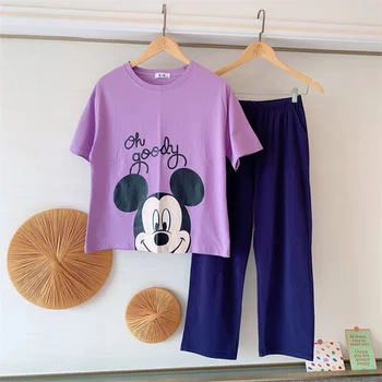  Desene animate Disney Mickey Mouse Kawaii Acasă Costum pentru Femei 2022 Vara Mov de Sus și Pur Pantaloni Casual Pijamale Femei 2 Bucata Set