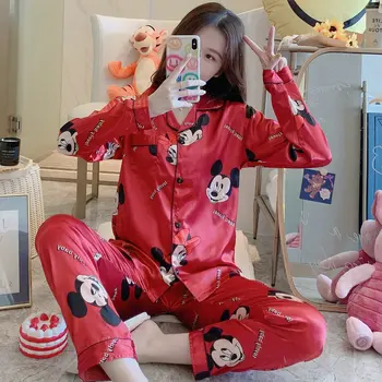  Disney Mickey Mouse Pata Set de Pijama pentru Femei Slik Pijamale Rosii Primăvara și Vara cu Maneci Lungi Pantaloni Largi 2 Bucata Set Uzura Acasă
