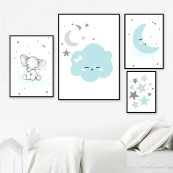  Elefant Panza Poster Sun Moon Cloud Star Arta De Perete Pictura Albastru Desene Animate Art Animal Print Nordic Poze Copii Copil De Cameră Decor