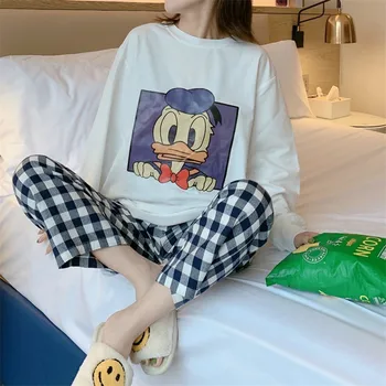  Femei Disney, Pijamale Primavara Toamna de Desene animate Donald Duck Maneca Lunga Nou Acasă Pijamale Trai Haine 2 buc Set Carouri Pantaloni