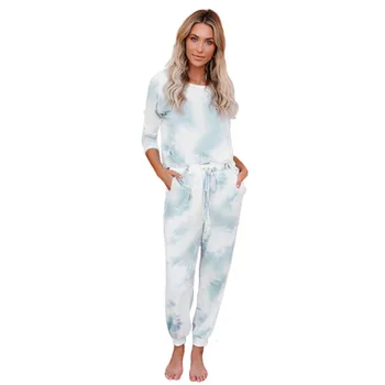  Femei Tie Dye Imprimate Topuri cu Maneci Lungi si Pantaloni Lungi de Pijama Set Joggeri PJ Seturi de îmbrăcăminte de noapte Body