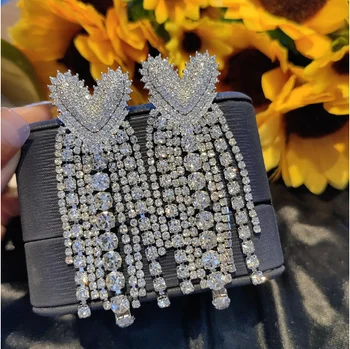  Femeile S925 argint ac piersic inima tassel cercei lungi de culoare dragoste micro-set cercei zircon