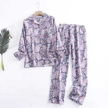  Flanel de bumbac Pantaloni de Pijama Costum pentru Acasă Purta Simplu Imprimate Vrac Toamna și Iarna cu Maneci Lungi Pantaloni Pijamale Femei Seturi