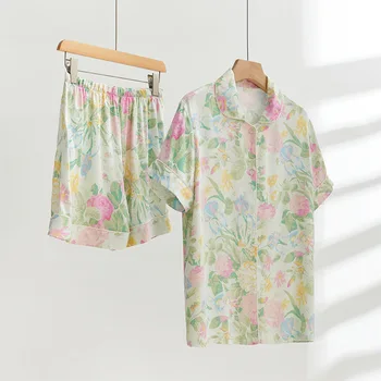  Florale Imprimate pantaloni Scurți de Pijama Seturi pentru Femei Primavara si Vara din Bumbac cu Maneci Scurte Menta si Vanilie Grad Ridicat de Acasă Purta Costum