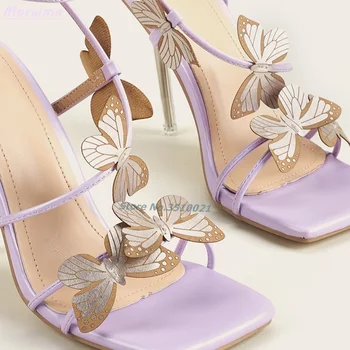  Fluture Cruce Curea Sandale Stilet Tocuri Inalte Square Toe Glezna, Catarama Violet Culoare Solidă Sexy Femei Pantofi De Moda De Vara