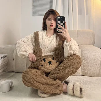  Iarna Se Ingroase Femei Pijamas Seturi De Fete Coreene Moale Cald Pijamale Pijama Pour Femme Ursul Desene Animate Drăguț Pijamale Cu Maneca Lunga, Pantaloni
