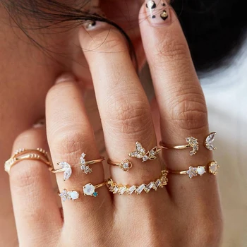  IPARAM 7Pcs/Set Culoare de Aur de Cristal Opal Comun Set Inel Pentru Femei Boem Fluture Star Luna Geometrice Knuckle Ring Bijuterii
