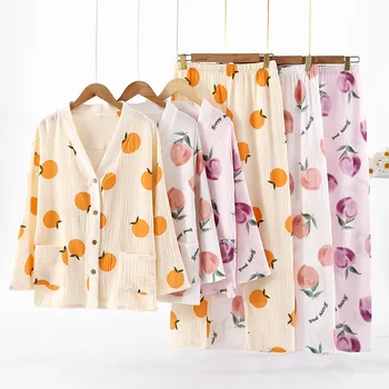  Japoneze Nouă de Primăvară și Toamnă pentru Femei Set de Pijama de Bumbac, Crep Subtire cu Maneci Lungi Pantaloni Două Piese Cardigan Drăguț Acasă Purta Pijama