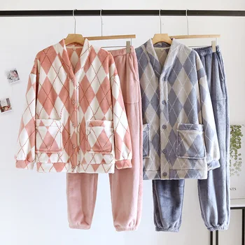  Japoneze toamna și iarna costum pijama Cuplu V-neck flanel îngroșat două piese bărbați și femei haine de acasă sleepwear
