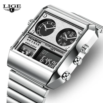  LIGE Ceas Barbati Top Brand de Lux Pătrat Ceasuri Digitale de Moda din Oțel Inoxidabil rezistent la apă Ceas de mână Ceas Analog cu Iluminare din spate