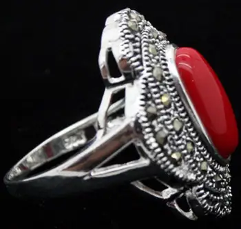  Moda bijuterii 24*16mm Vintage Argint 925 Oval Roșu Coral Marcasite Dimensiune Inel 7/8/9/10