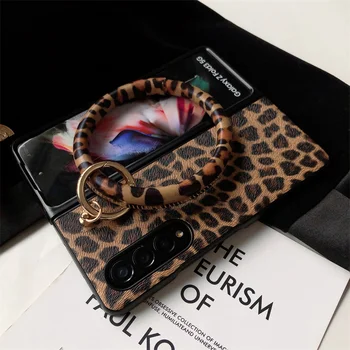  Moda Sexy Piele de Leopard de Imprimare Greu Caz de Telefon Pentru Samsung Galaxy Z Fold 4 3 5G Femeie Portabil Brățară de Mână Mare Inel de Acoperire