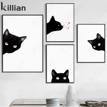  Modern Pisica Neagra pe Fundal Alb Autocolante de Perete de Arta Canvas Postere si Printuri Minimalist Animale Imagini Pictura Decor Acasă