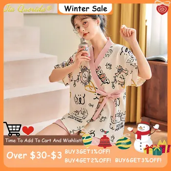  Noi de Vară la Modă Tricotate din Bumbac pentru Femei Pijamale Kawaii Cat de Imprimare Sleepwear Kimono Liber de Agrement Pijamas pentru Fete Tinere
