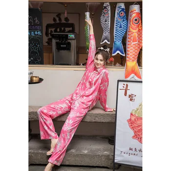  Noi Mătase Roz Print pentru Femei Set Pijama cu Maneci Lungi Doamnelor Pantaloni de Pijamale 2 Piees de Lux Satin Costum de Pijama Pentru Femei Homewear
