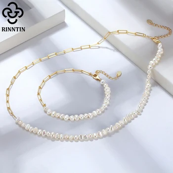  Rinntin Moda Argint 925 Naturale Colier de Perle cu Aur de 14K Clip de Hârtie Lanț pentru Femei la Modă Perla Lanț de Gât Bijuterii GPN13