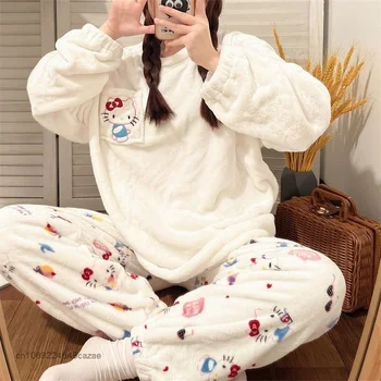  Sanrio Hello Kitty De Iarna Coral Catifea Pijamale Coreeană Stil De Colegiu Liber De Pluș Îngroșat Acasă Set Y2k Haine Casual Pentru Femei