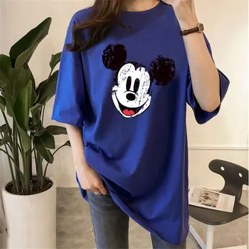  T-shirt Femei Plus Dimensiune de Desene animate Mickey Mouse-ul de Imprimare cu Mâneci Scurte, de Vara Vrac Solid de Culoare T-Shirt Student Mid-Lungime Subțire de Sus