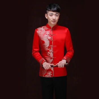  Tang Costum Roșu Tradițională Chineză Imbracaminte Barbati Hanfu Broderie Top Dragon Print Vintage Din Satin Kungfu Petrecere De Anul Nou Eticheta