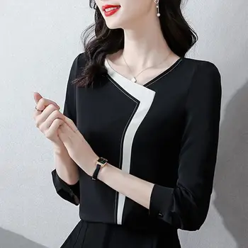  Vara, Toamna Negru Mozaic de Moda Elegant Simplu Șifon Cămașă Office Lady Maneca Lunga All-meci Pulover Bluza Femme Blusa