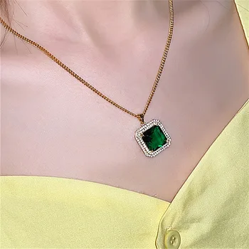  Verde rafinat Zircon Colier pentru Femei Cadouri Bijuterii Vintage Design Pandantiv Pătrat Temperament Colier Guler Lanț