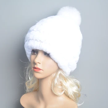  De Vânzare la cald Tricotate Pompom Pălării pentru Femei Căciuli Solid Elastic Blana de Iepure Rex Capace Pălărie de Iarnă Chelioși de Moda Real Pălării de Blană